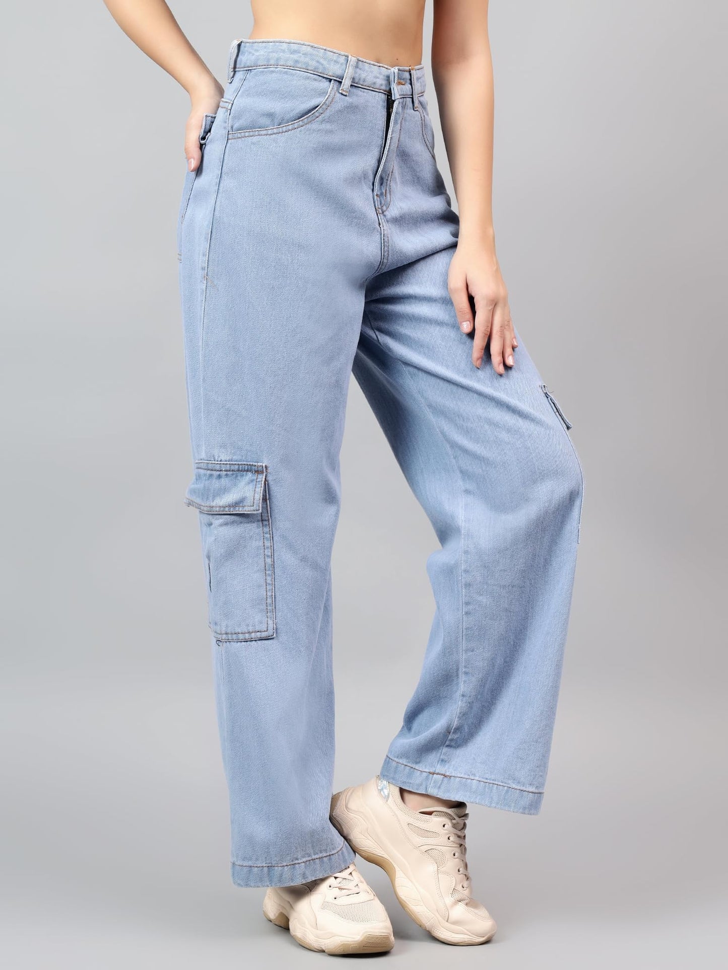 Kotty WomenS High Rise Solid Cotton Blend Stylish Cargo Jeans(Blue,30)