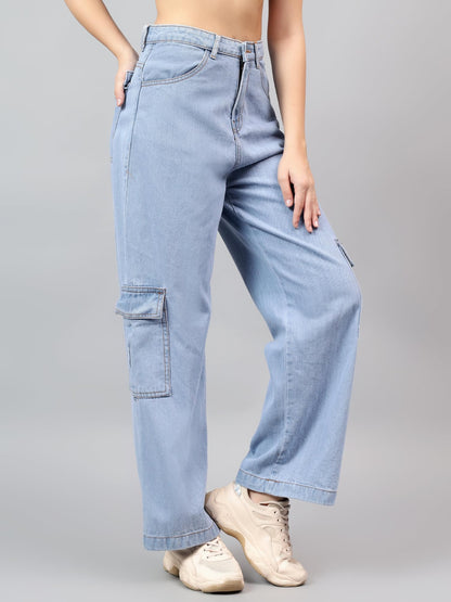 Kotty WomenS High Rise Solid Cotton Blend Stylish Cargo Jeans(Blue,30)