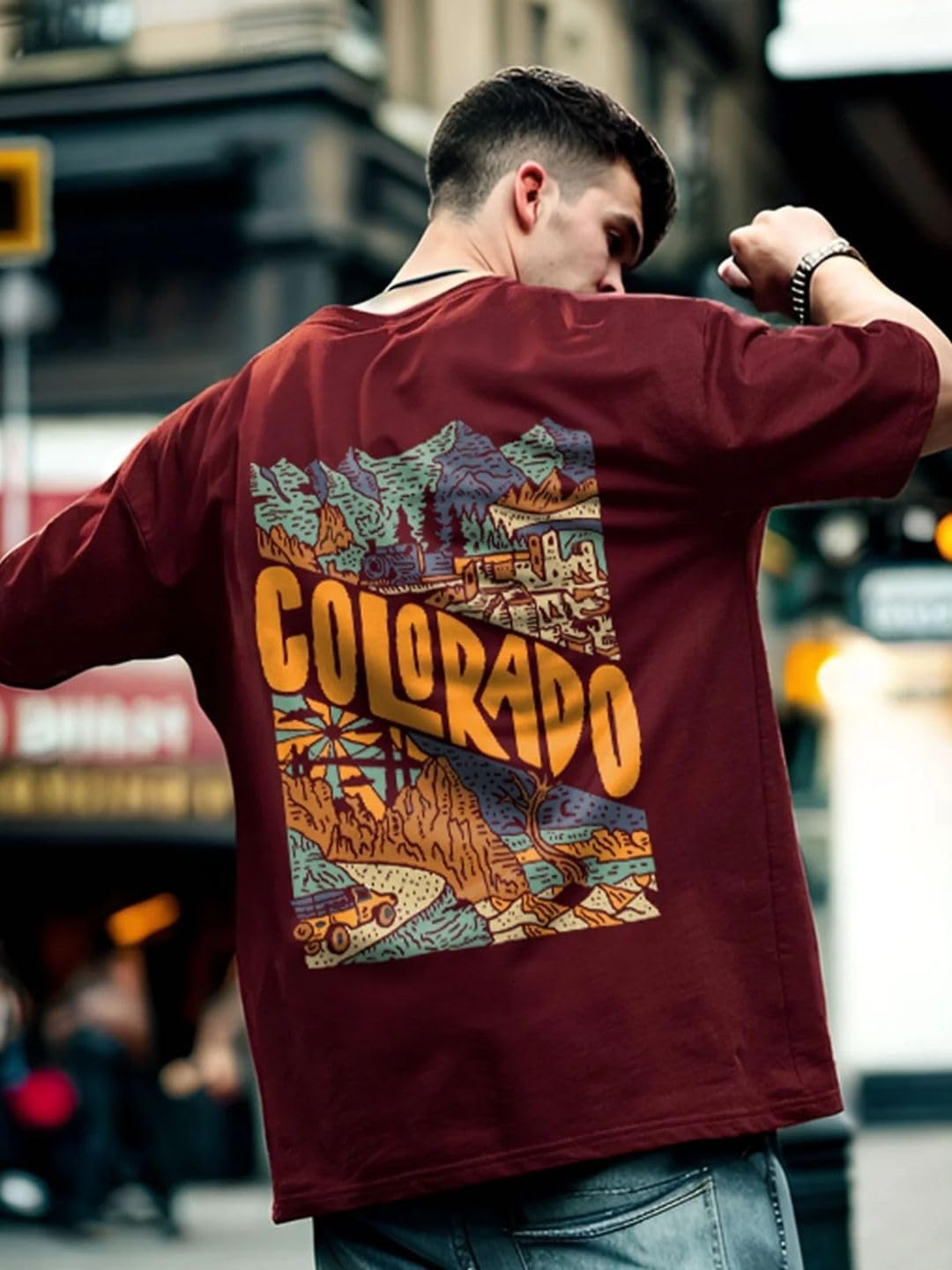 Nobero MenS Graphic Print Oversized Fit T-Shirt (1M-Twts-C0933-X_Wine Red/Olive Green