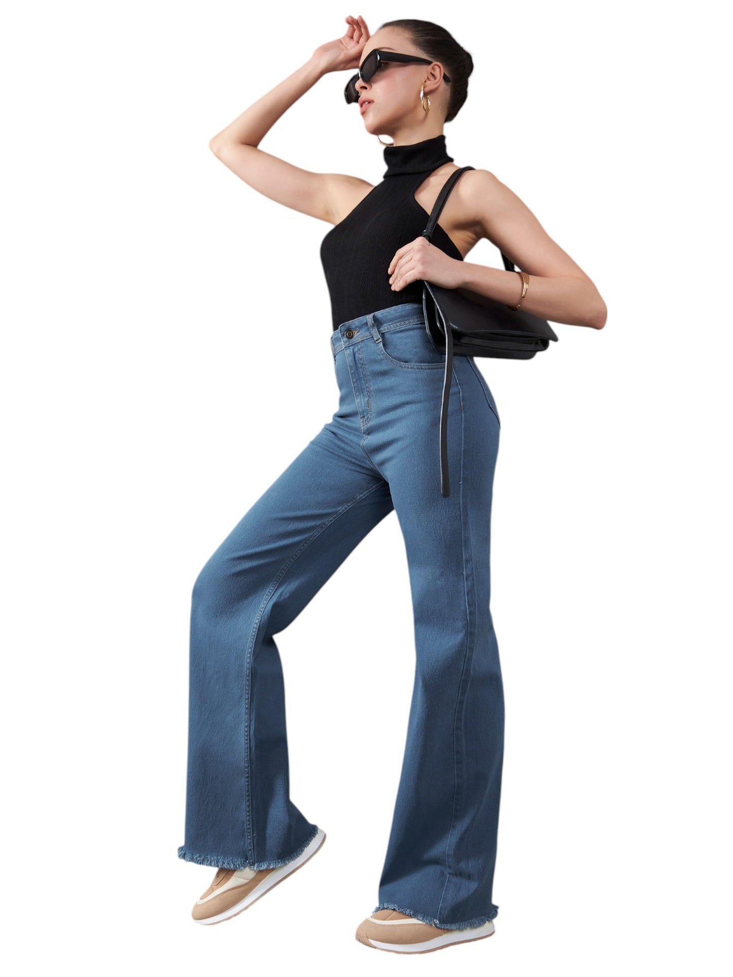 Dolce Crudo Womens Mid Wide-Leg High-Rise Clean-Look Regular-Length Stretchable Denim Jeans (DOSS24DEN79-18-530-26, Caribbean B