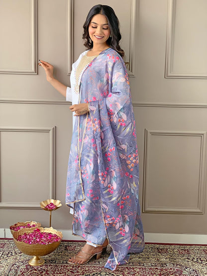 Naixa WomenS Offwhite Rayon Blend Embroidered A-Line Kurta With Rayon Blend Pant And Organza Printed Dupatta Sets (Nx-503-Grey-