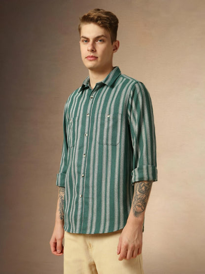Dennis Lingo Men Olive Stripes Relaxed Fit Full Sleeves Spread Collar Shirt