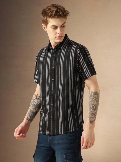 Dennis Lingo MenS Black Polycotton Spread Collar Short Sleeves Striped Shirts