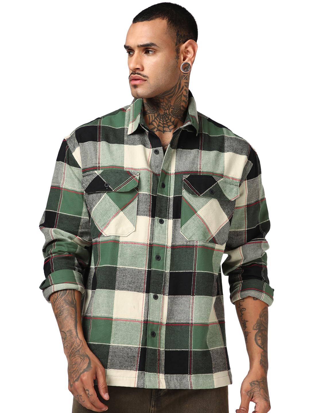 Bewakoof MenS Checked Oversized Fit Full Sleeve Collared Cotton Twill Shirt_685477_Green_Xl