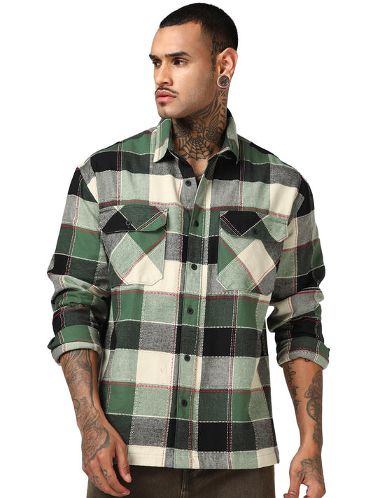 Bewakoof MenS Checked Oversized Fit Full Sleeve Collared Cotton Twill Shirt_685477_Green_Xl