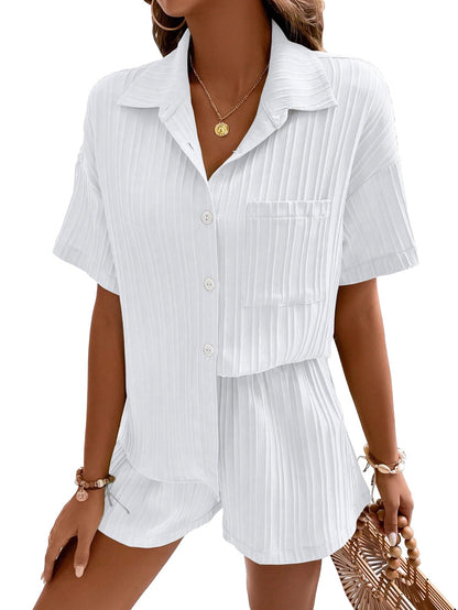 Shasmi Women & Girls White Solid Color Button Front Vacation Solid Texture Short Sleeve Loose Fit Drop Shoulder Pocket Shirt and