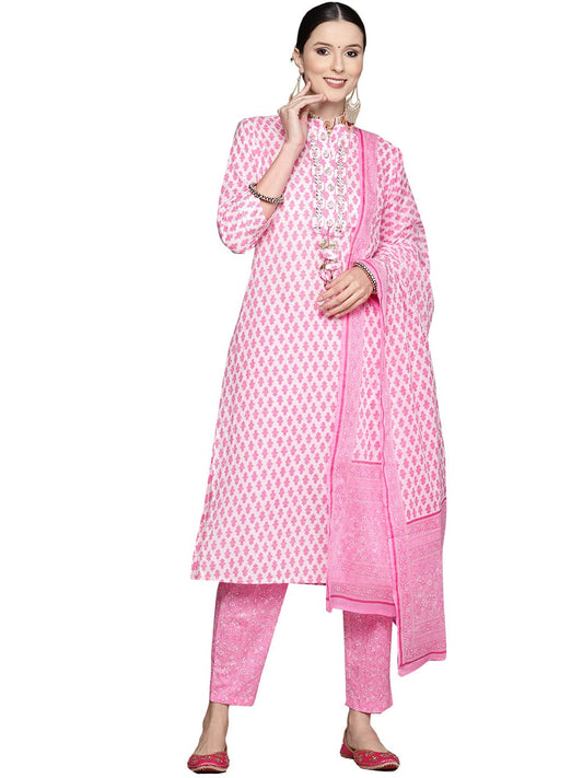 ishin Cotton Women's Yoke Embellished A-Line Kurta Set With Trouser And Dupatta