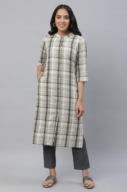 Aurelia Green Checked Cotton Regular Kurta for Women