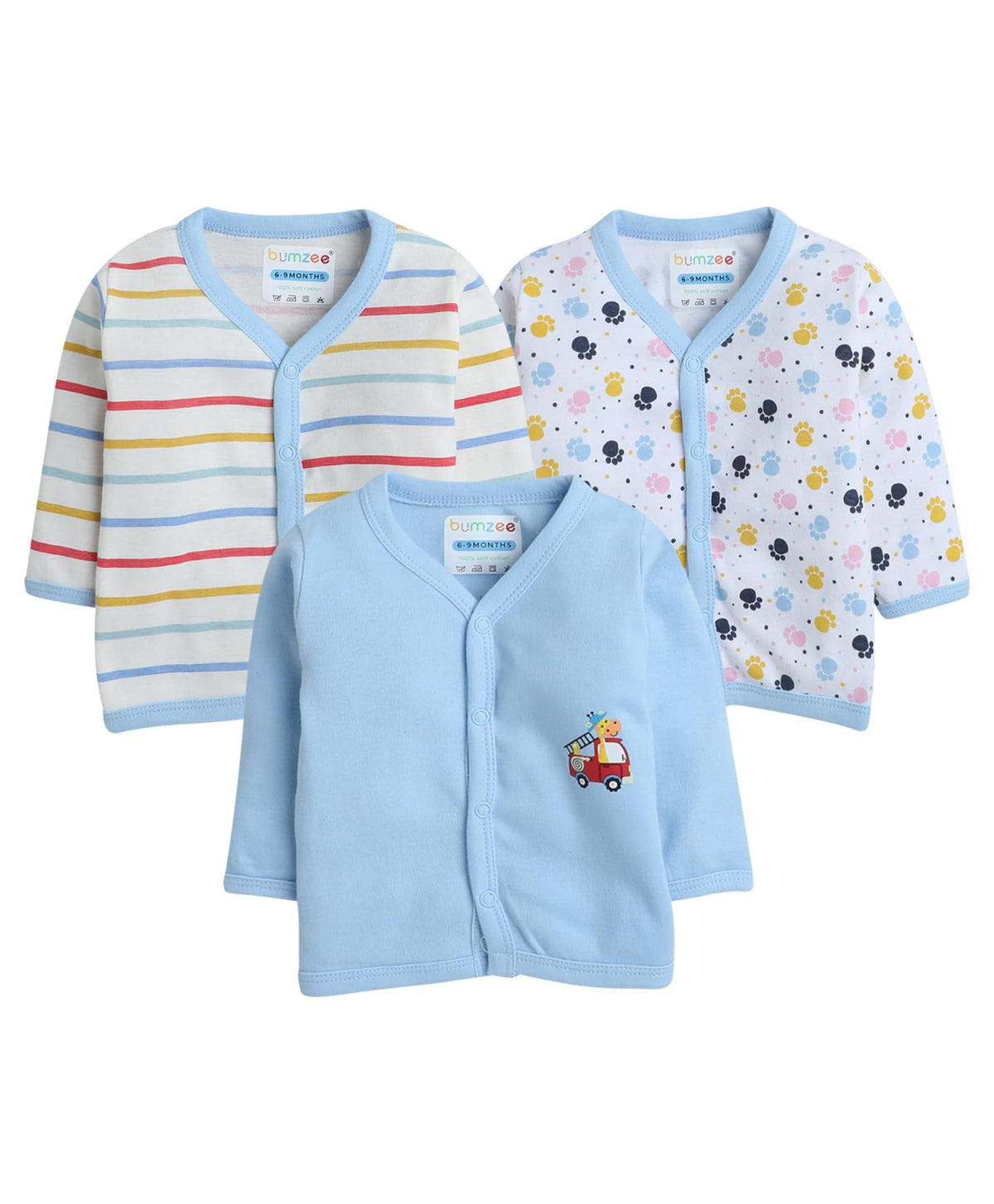 BUMZEE Blue & White Girls Full Sleeves Regular Fit Jablas Pack of 3 Age - 9-12 Months (Peb8281E-Blu.Wht)