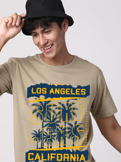 ADRO LA Surfers California Printed T-Shirt for Men - 100% Cotton, Regular Fit, Soft Breathable Fabric. (RN23-M-SRF-BE_Beige)