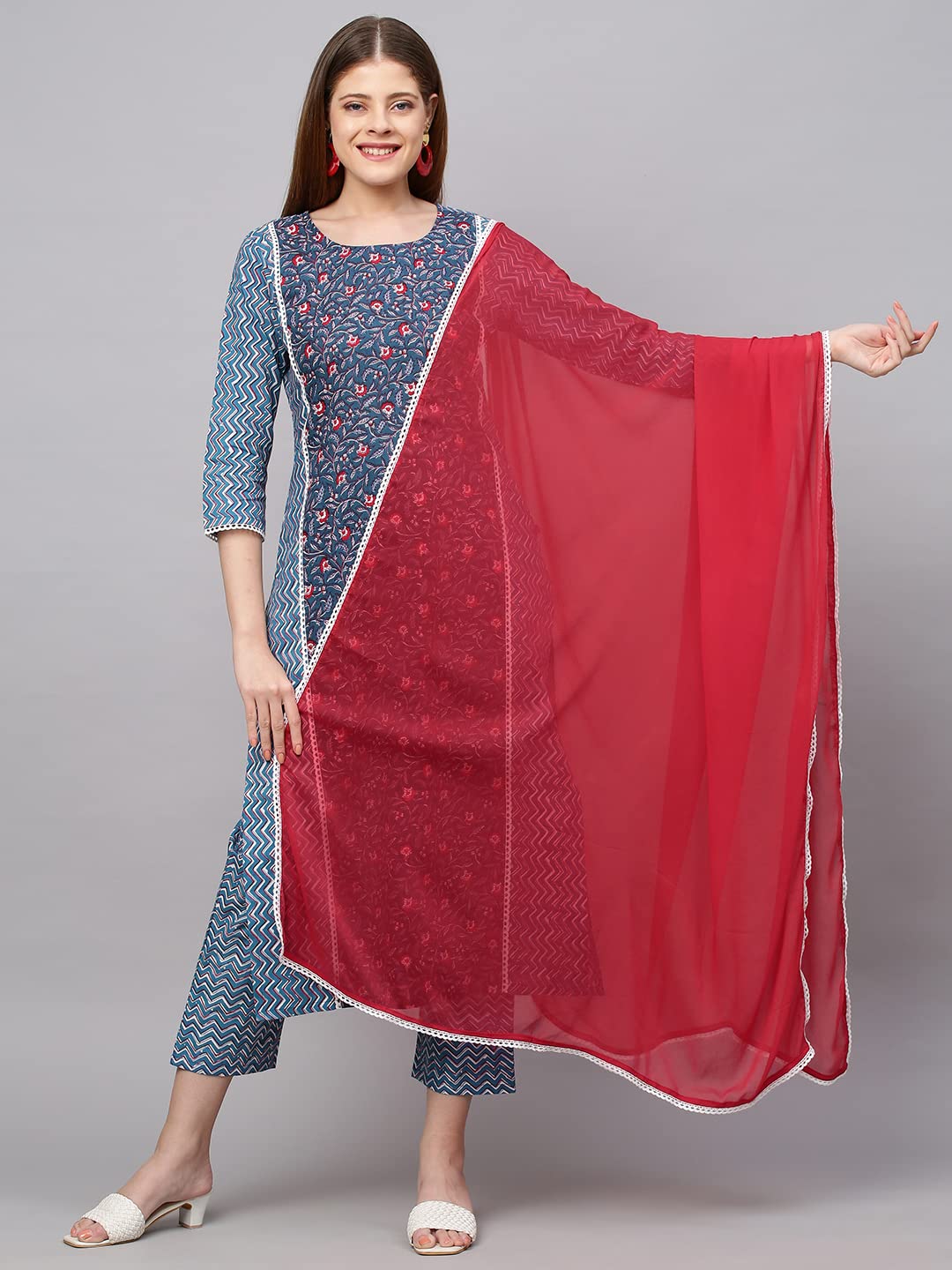 ANNI DESIGNER Women's Cotton Blend Regular Kurti with Pant & Dupatta