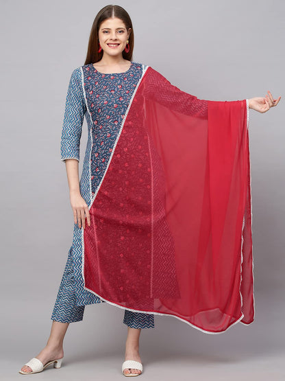 ANNI DESIGNER Women's Cotton Blend Regular Kurti with Pant & Dupatta