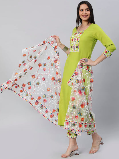 ANNI DESIGNER Women's Cotton Blend Solid Straight Kurta with Pant & Dupatta (SOFA-PARROT)