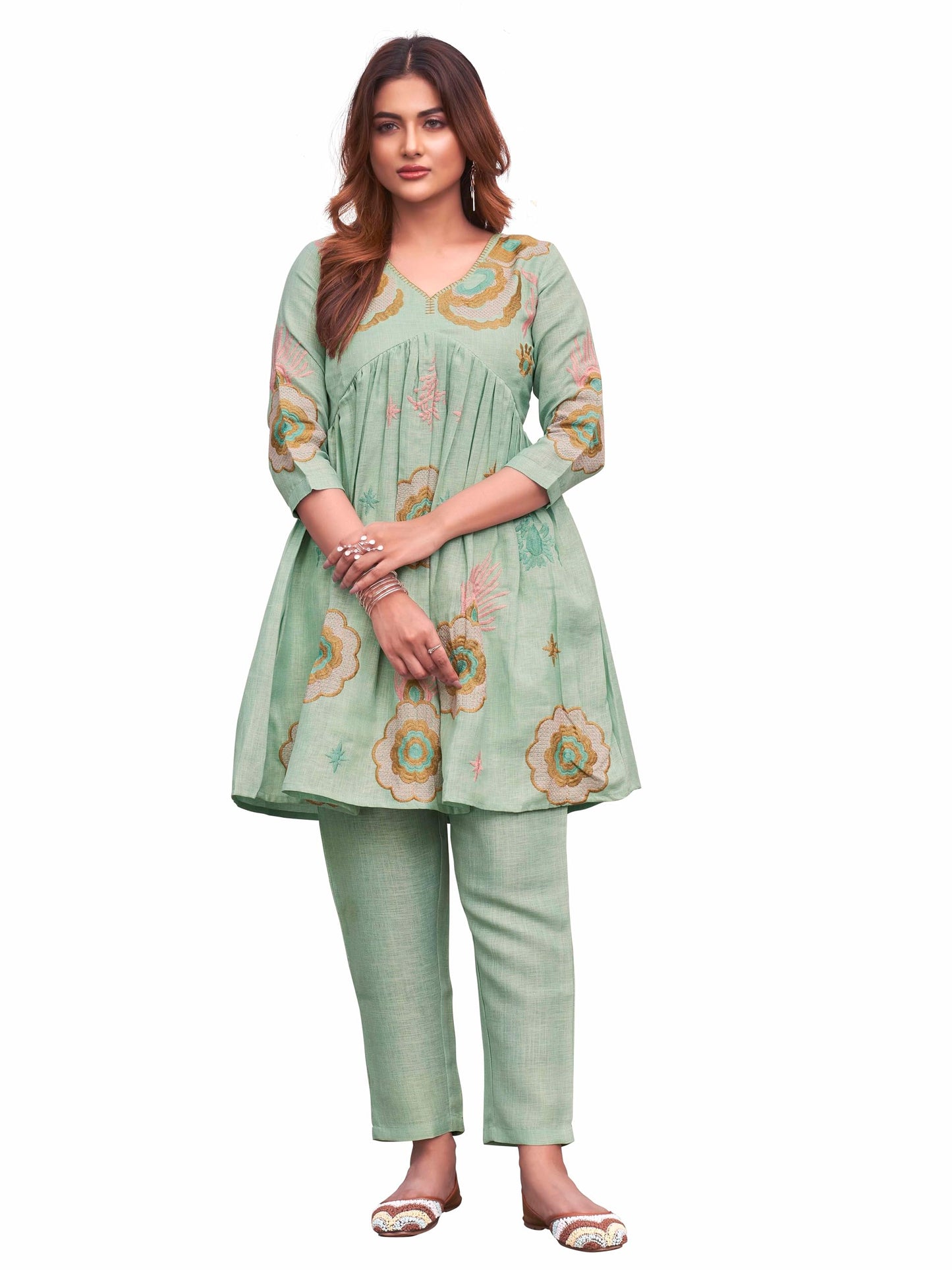 Womanista Womens Linen Solid Regular Embroidered Co-Ord Set 9143_Sea Green