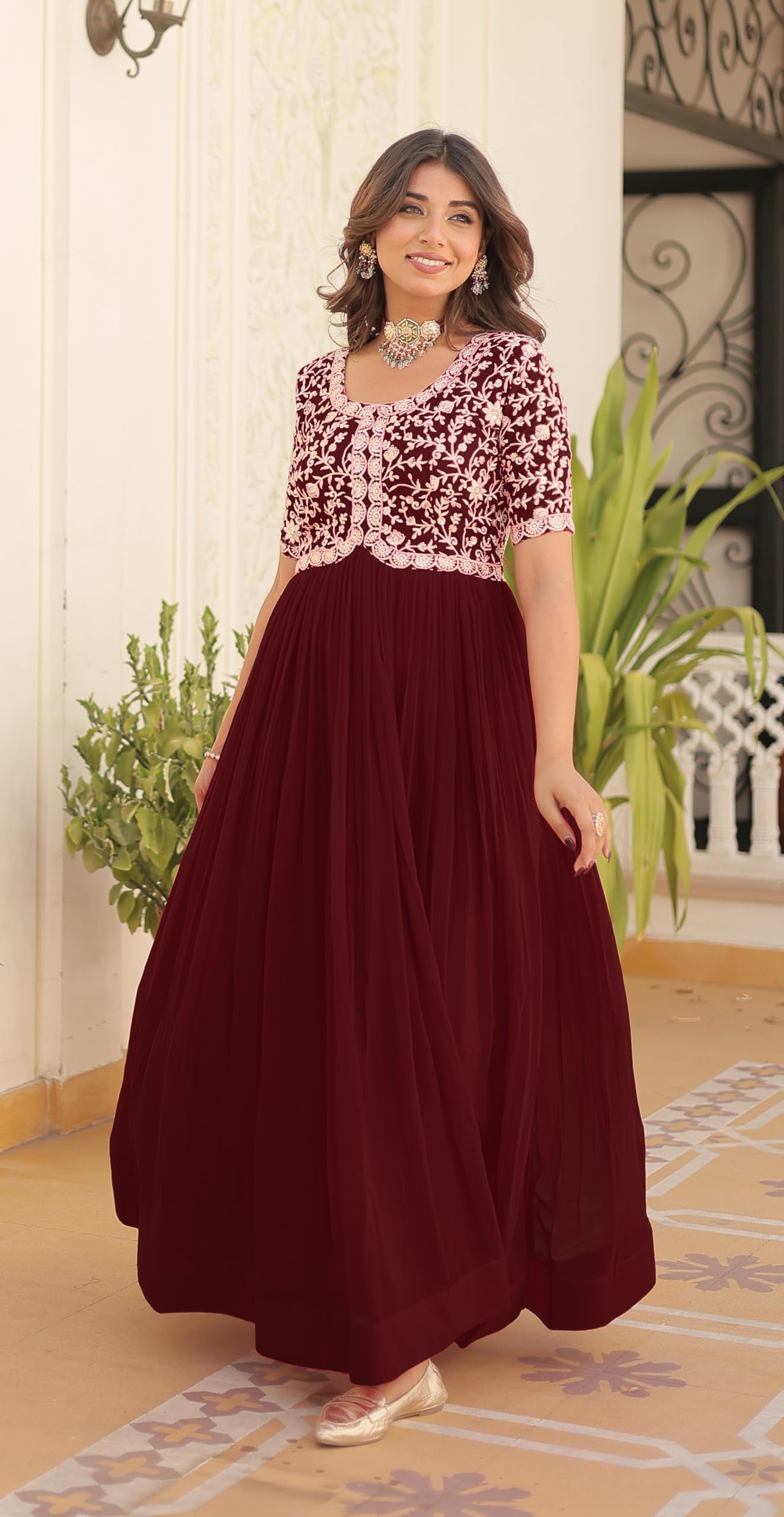 Fashion Basket Georgette Embroidered Anarkali Gown For Women Maroon