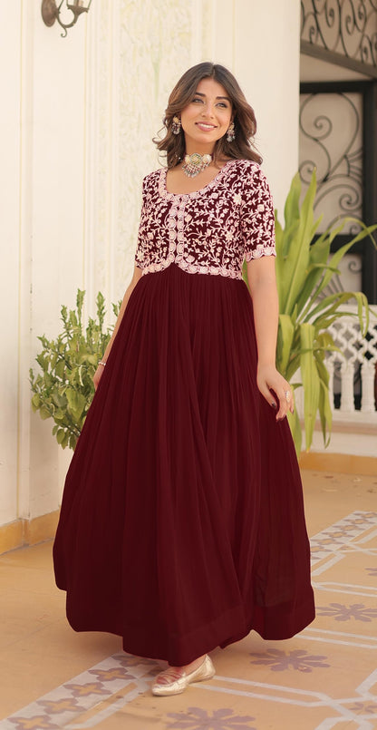 Fashion Basket Georgette Embroidered Anarkali Gown For Women Maroon