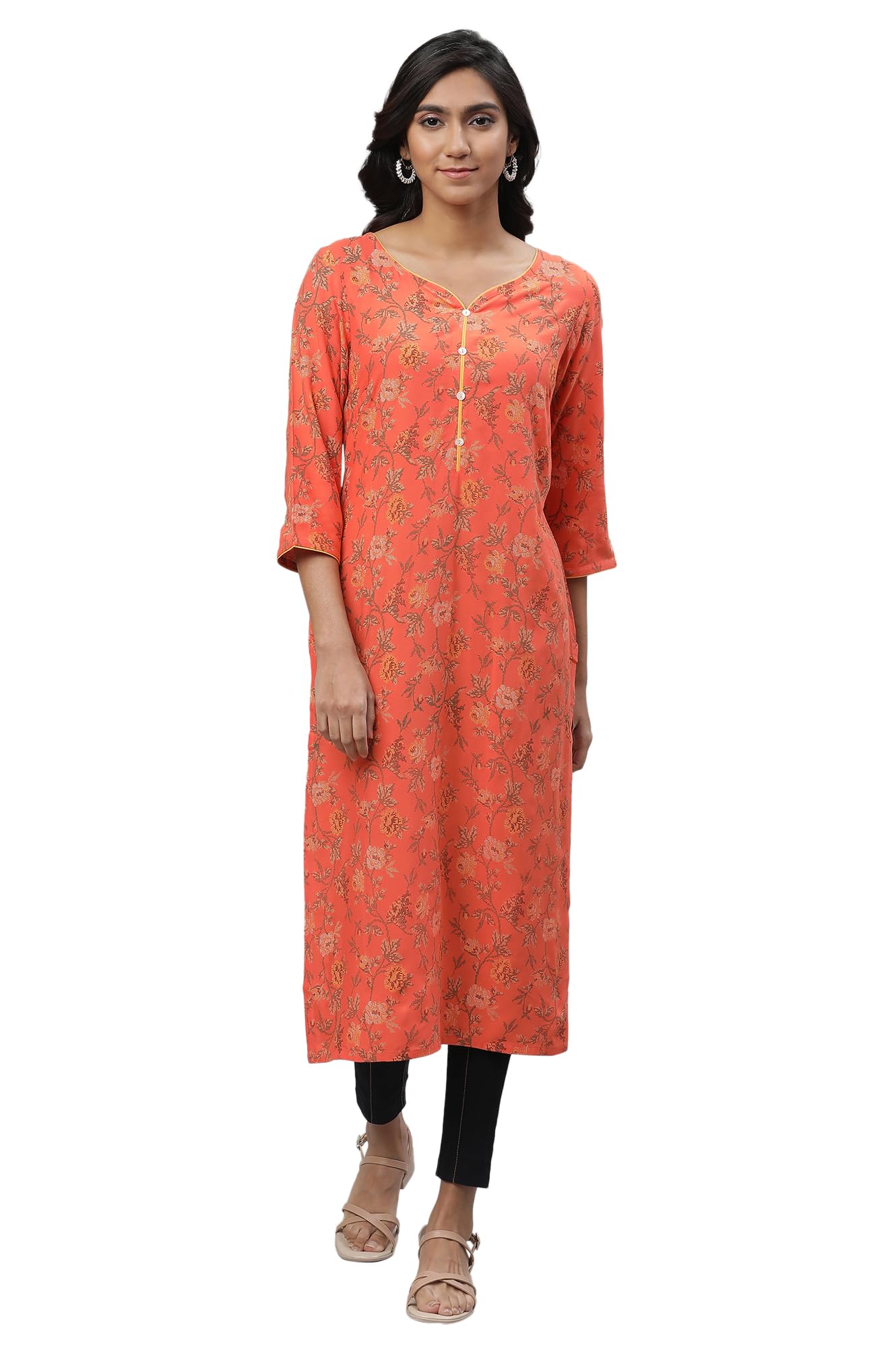 Aurelia Orange Floral Printed Printed Straight Long Kurta For Women