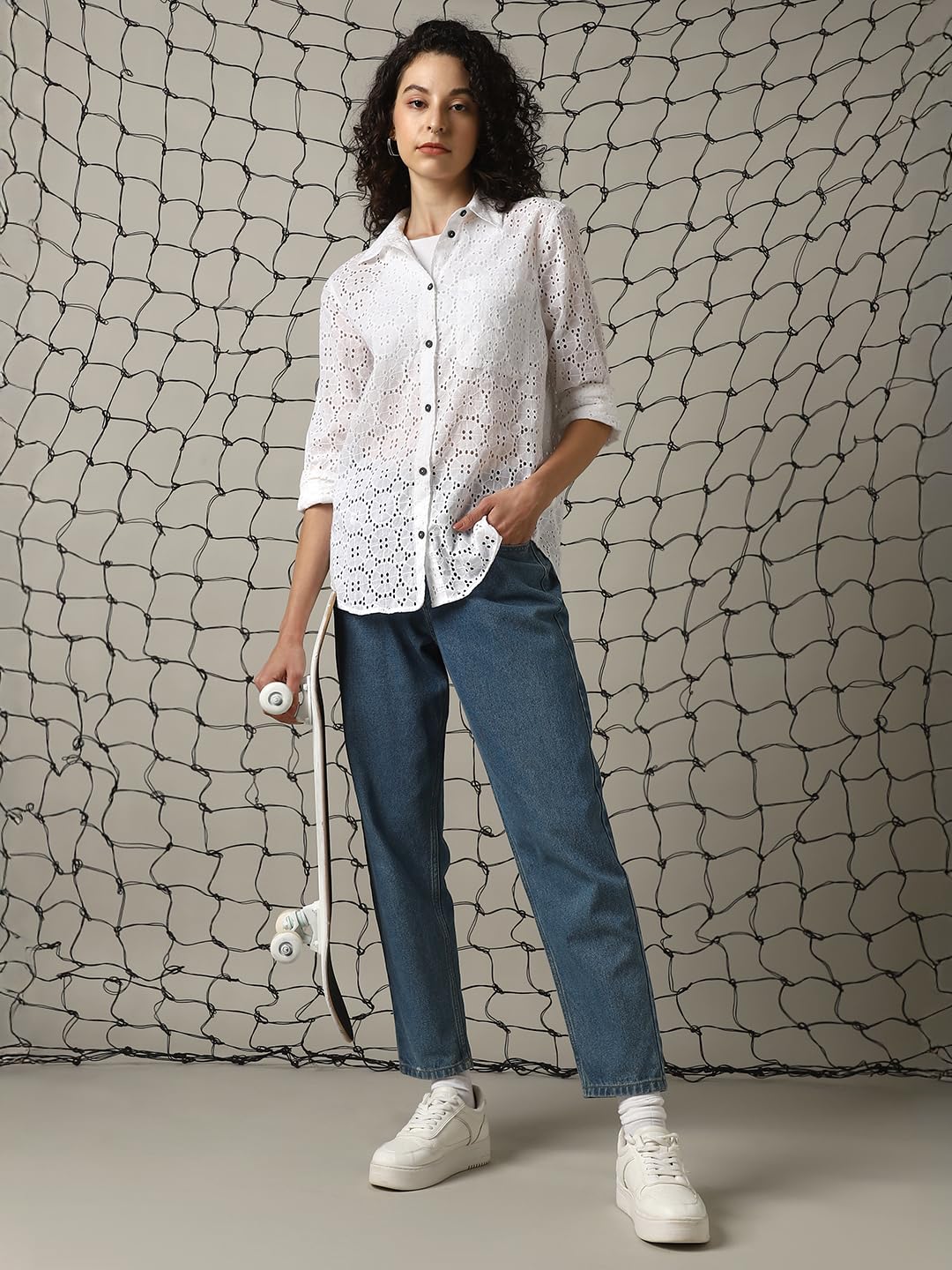 Hubberholme Women Cotton Schiffli Oversized Fit Spread Collar Full Sleeves Shirts