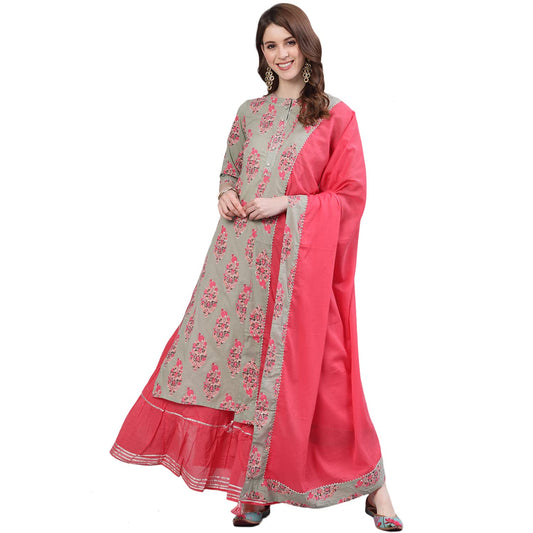 ishin Women's Cotton Sea Green & Pink Gota Patti A-Line Kurta set with Skirt And Dupatta