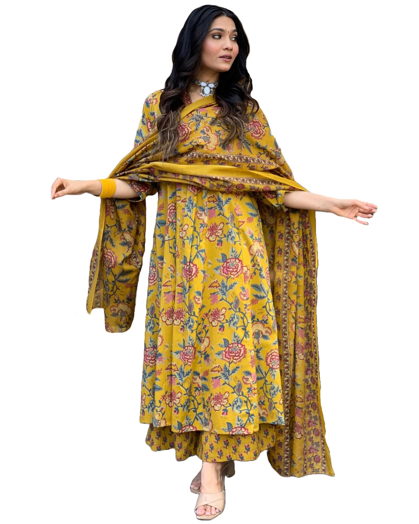 ANNI DESIGNER Womens Rayon Blend Anarkali Printed Kurta with Pant & Dupatta & Dupatta (CIA Yellow_XS_Yellow_X-Small)