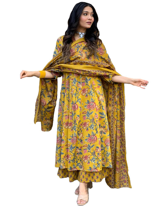 ANNI DESIGNER Womens Rayon Blend Anarkali Printed Kurta with Pant & Dupatta & Dupatta (CIA Yellow_XS_Yellow_X-Small)