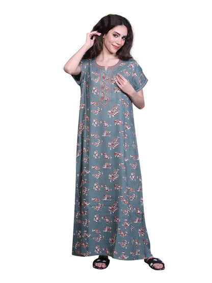 Evolove Alpine Fabric Nighty Maxi For Women With Side Pocket And Neckline Embroidery | Printed Short Sleeves Full Length Night W