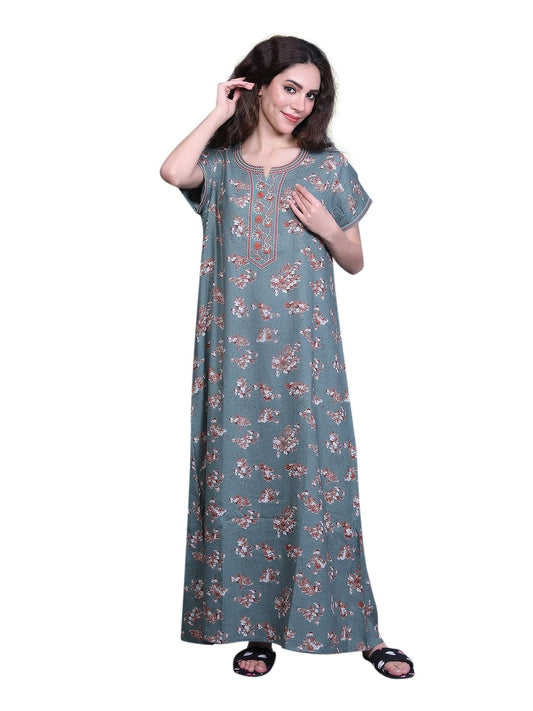 Evolove Alpine Fabric Nighty Maxi For Women With Side Pocket And Neckline Embroidery | Printed Short Sleeves Full Length Night W