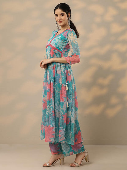 Libas Womens Printed Chiffon A-Line Kurta With Palazzos And Dupatta