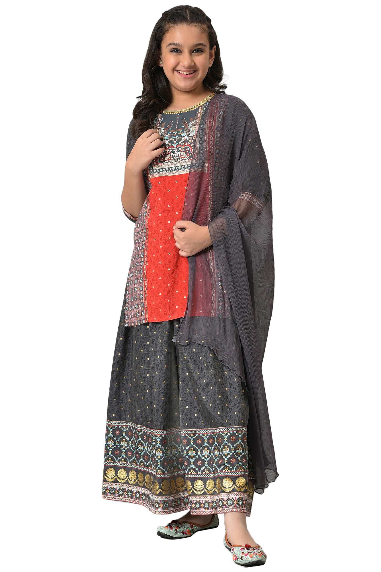 Aurelia Girl's Viscose Kurta-Flared Skirt-Dupatta (22AUG10216B-503997_Red