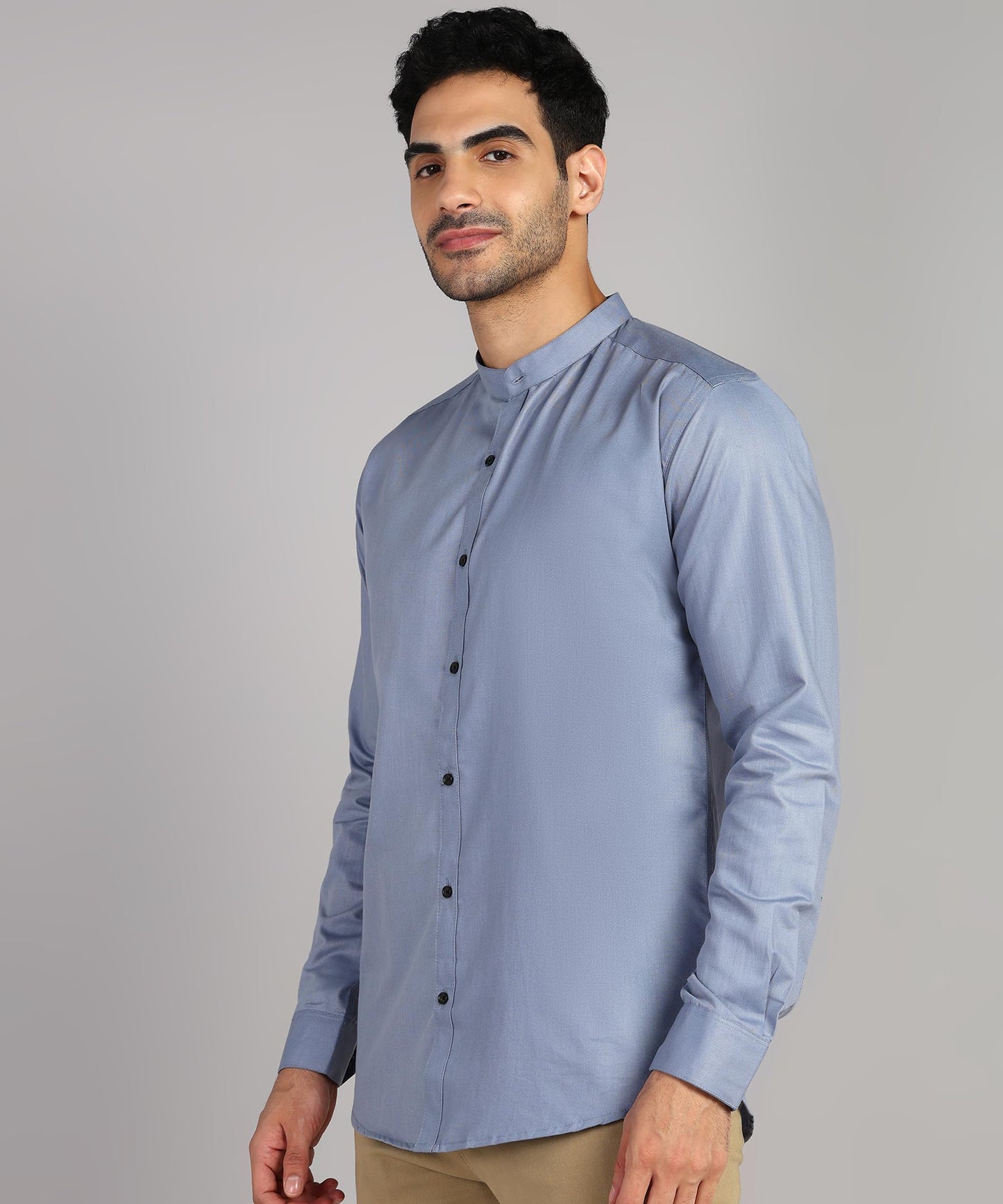 Mildin MenS Regular Cotton Blend Bluish Grey Slim Fit Solid Button Down Mandarin Chinese Collar Full Sleeve Curved Hemline Casu