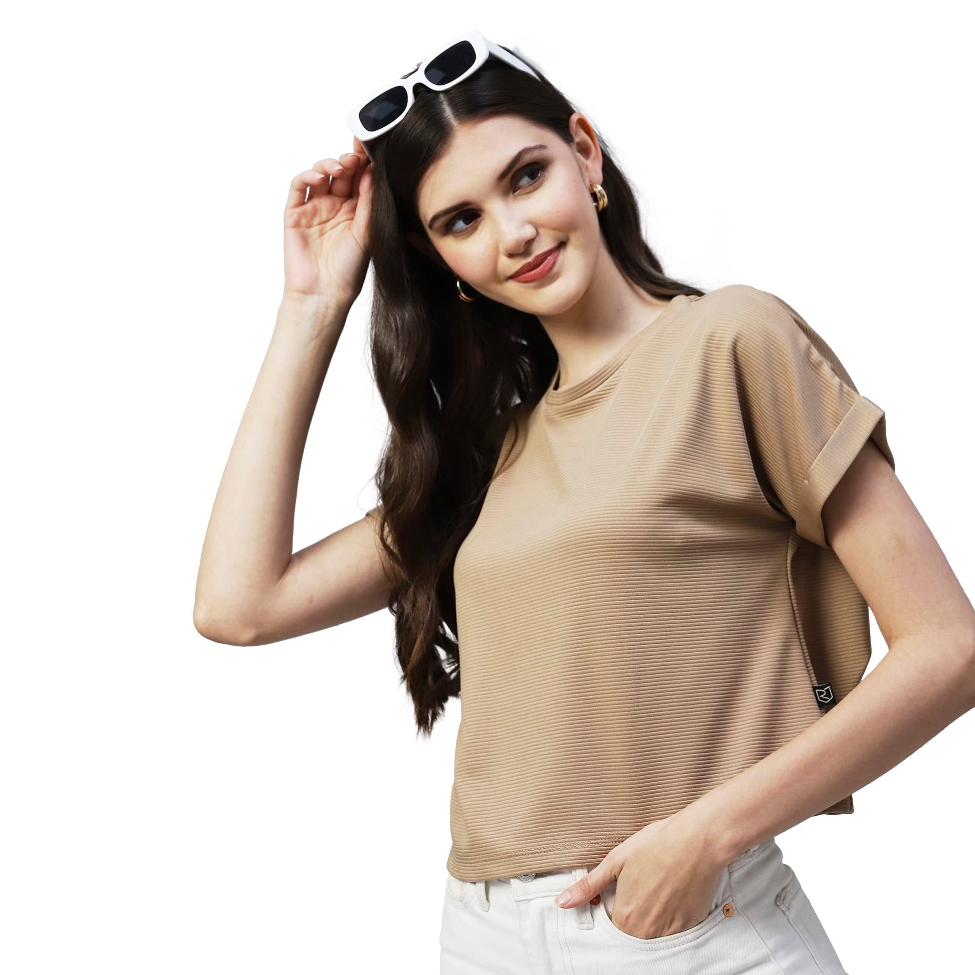 Rigo Women Beige Cap Sleeves Poly Corduroy Crop Top
