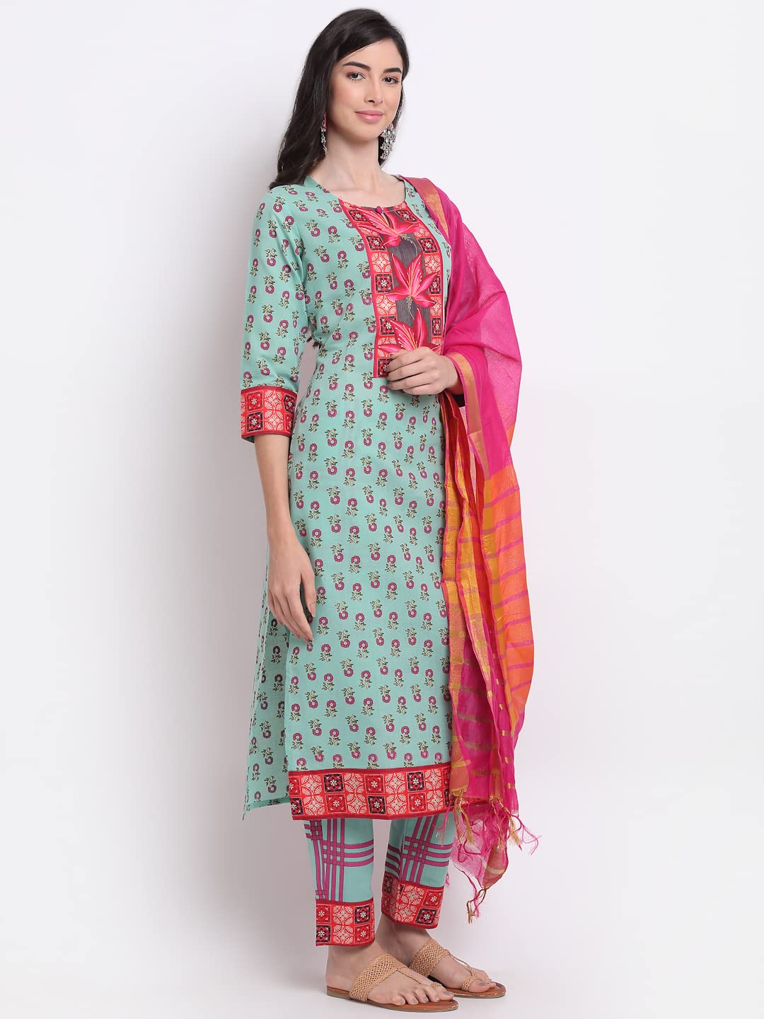 ANNI DESIGNER Women's Cotton Straight Kurta with Pant & Dupatta (DONA SEA Green)