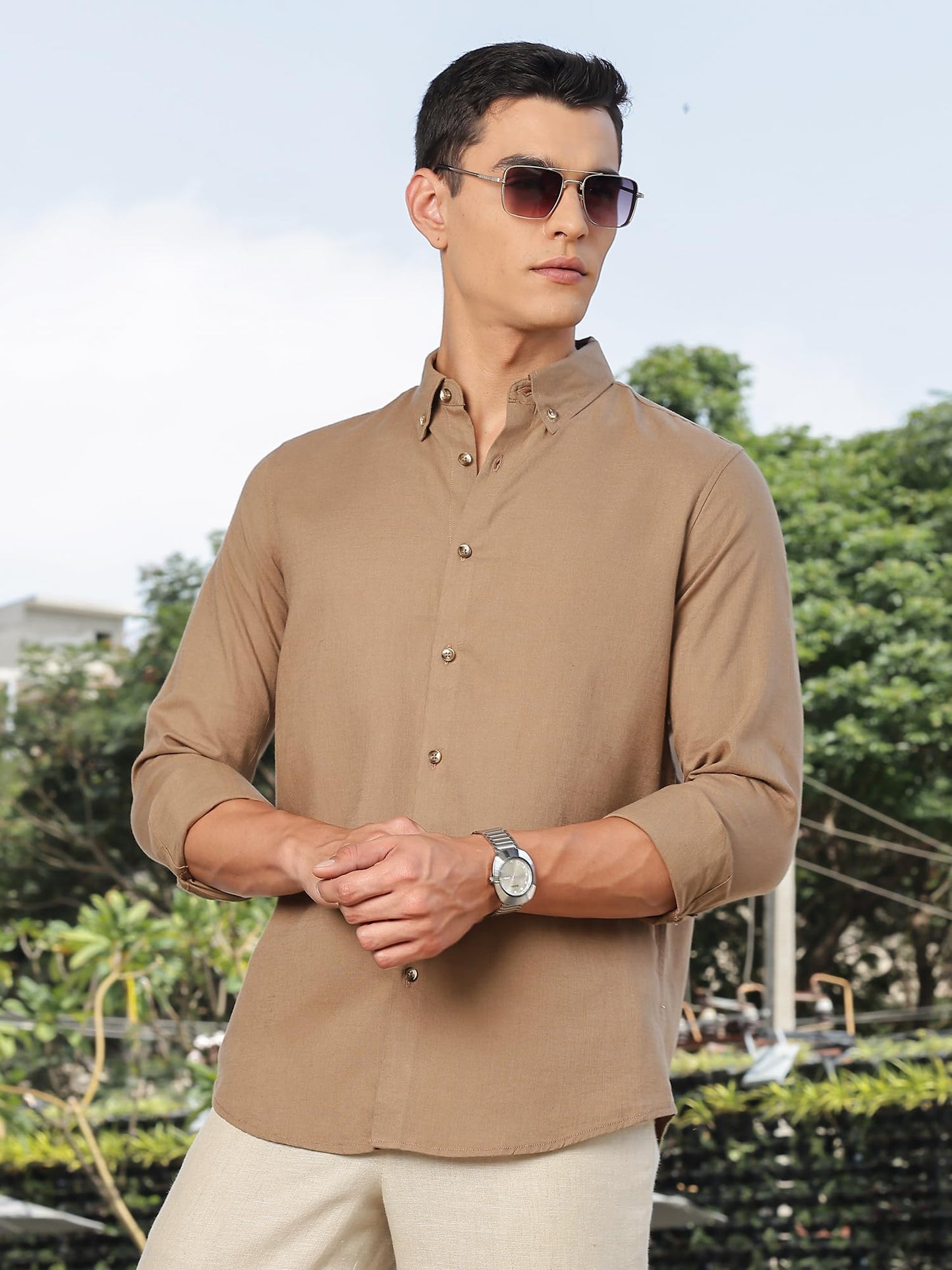 Thomas Scott Mens | Solid | Premium Irish Linen | Full Sleeve | Button Down Collar | Casual | Shirt for Men Brown