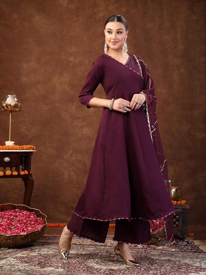 Stylum Womens Wine Solid Italian Crush Anarkali Kurta Pant Dupatta Set