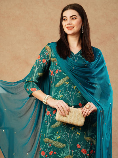 Gosriki WomenS Cotton Blend Straight Printed Kurta With Pant & Dupatta (Geto Rama-Nw-Gs_M_Green_Medium)