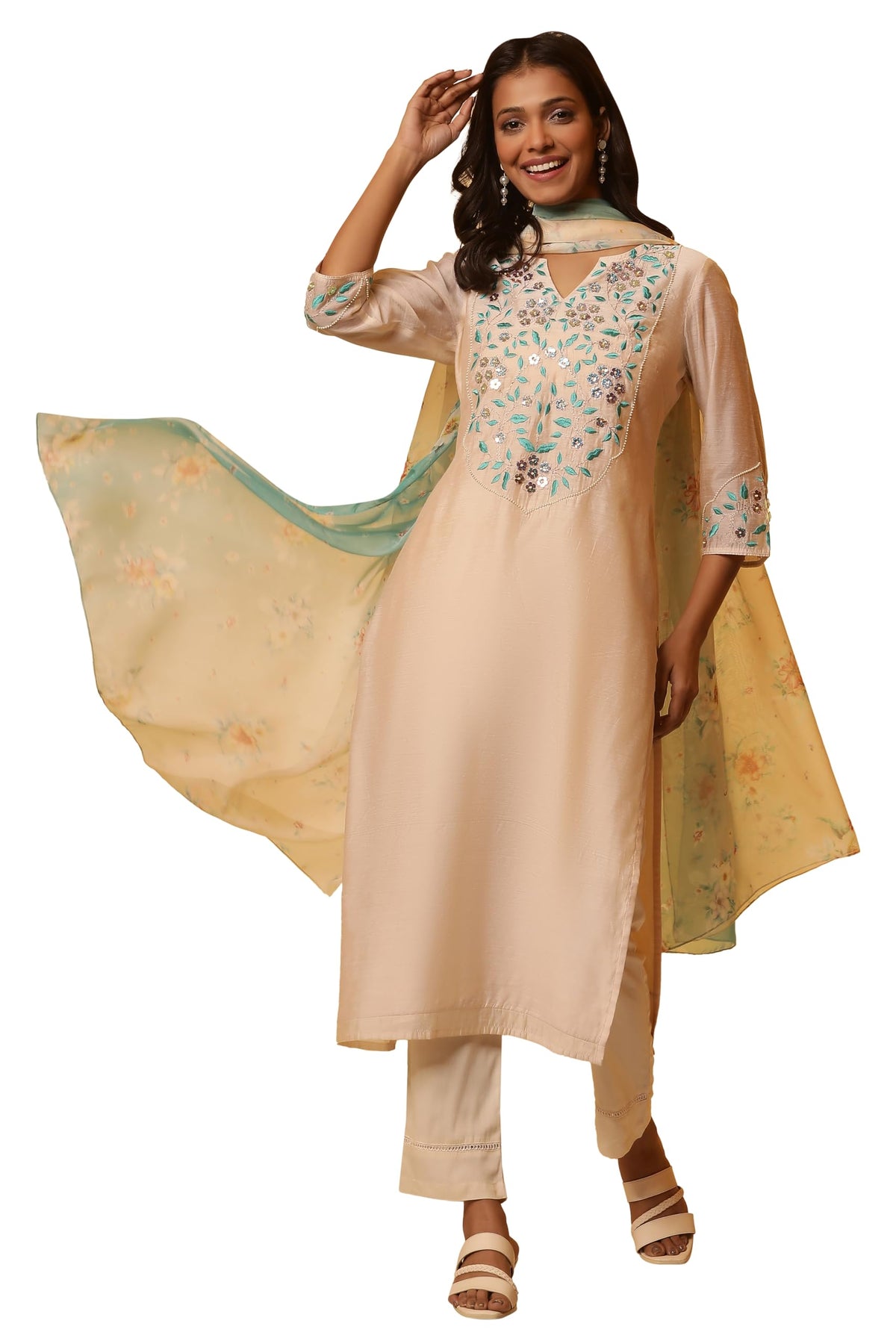 Aurelia Whote Embroidered Kurta, Trousers and Dupatta Set (Size: 2XL)-24FEAS15111-704735 White