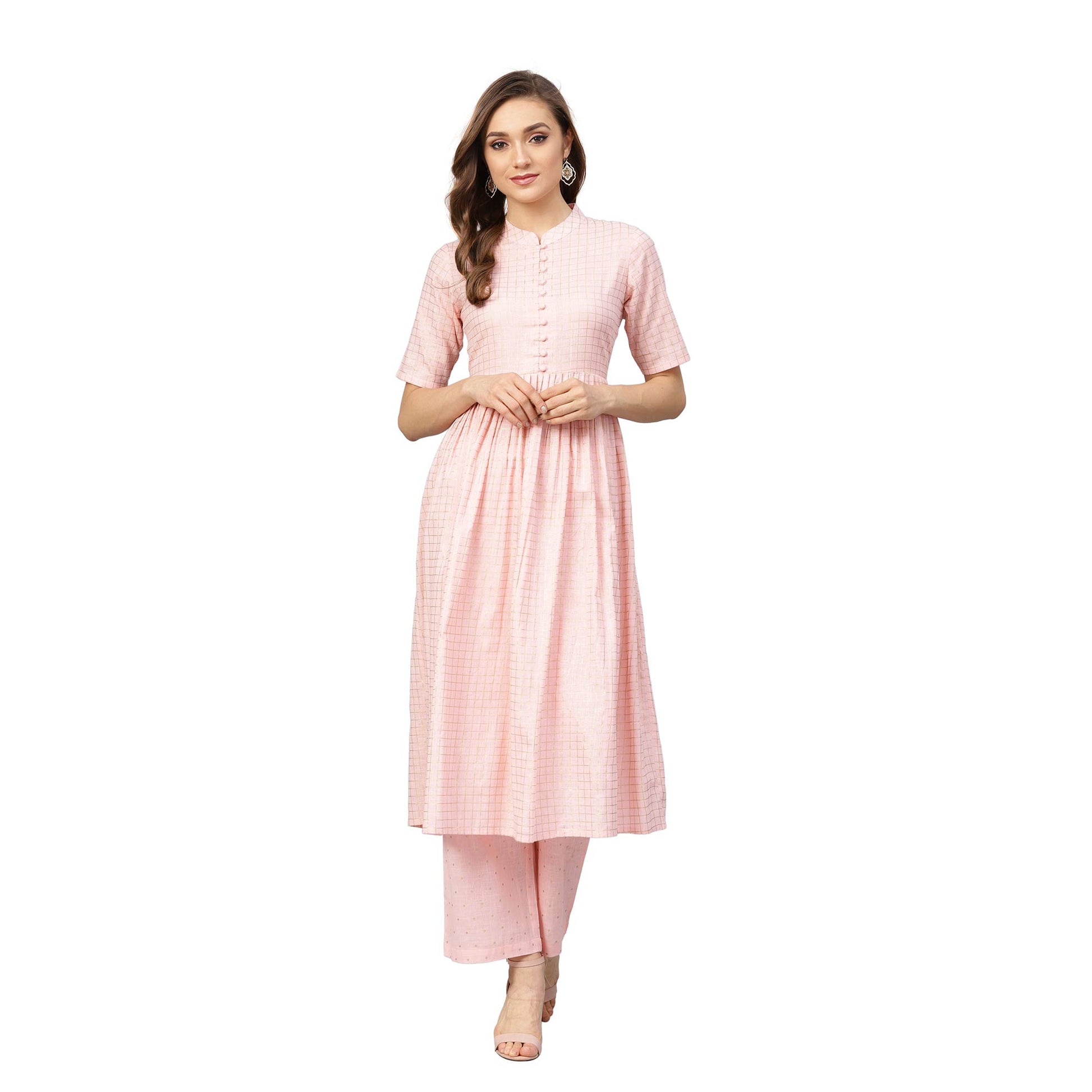 Idalia WomenS Baby Pink Gold Printed Flared Cotton Kurta Set With Palazzo Pant