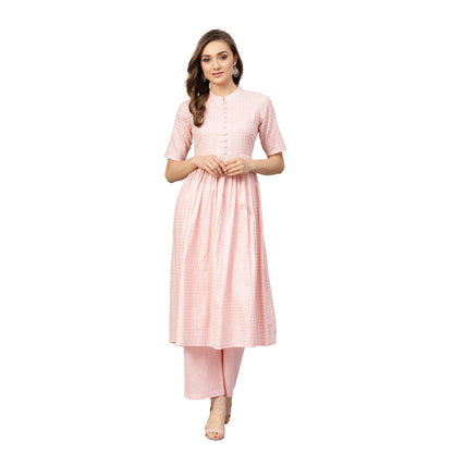 Idalia WomenS Baby Pink Gold Printed Flared Cotton Kurta Set With Palazzo Pant