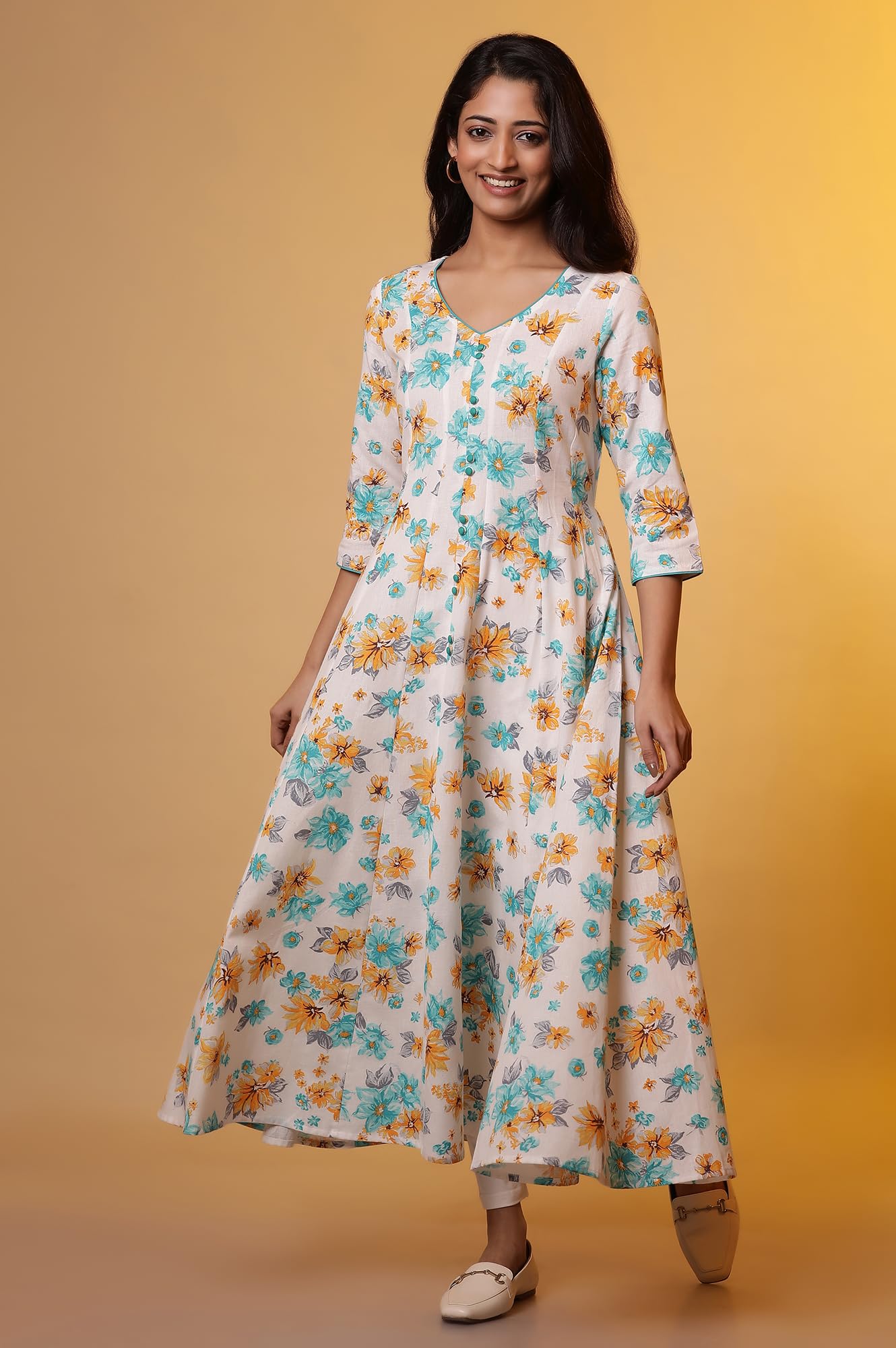 Aurelia WomenS Floral Printed Flared Kurta | V-Neck Kurta For Women | Floral Printed Kurta For Women | Beautiful Regular Fit Kur