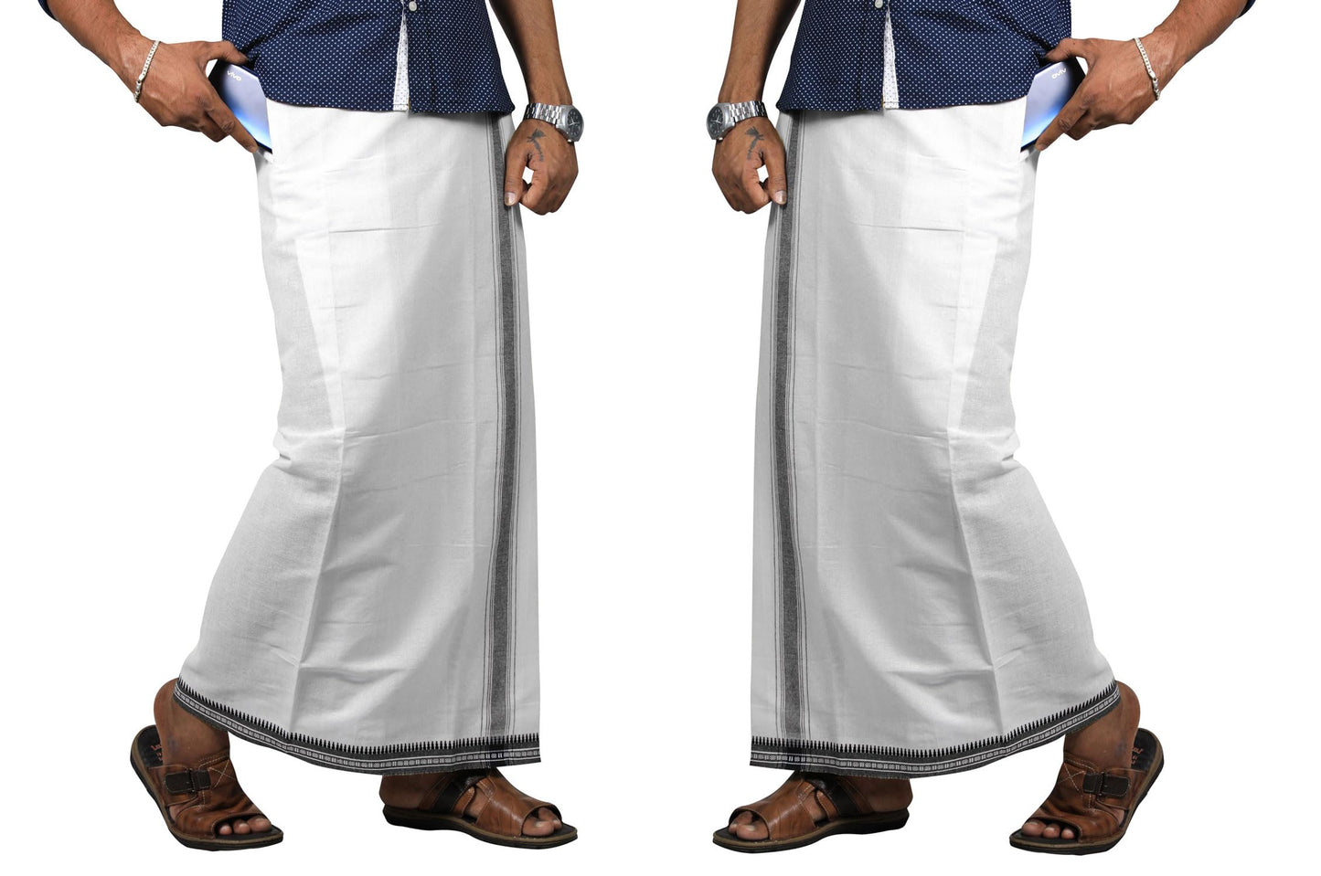 Prakasam Cotton Mens Kerala Thalapathi Border 2Way Pocket (Right &Left Side) Flexi Size (Adjustable) Colour Dhoti With 2 Side Po