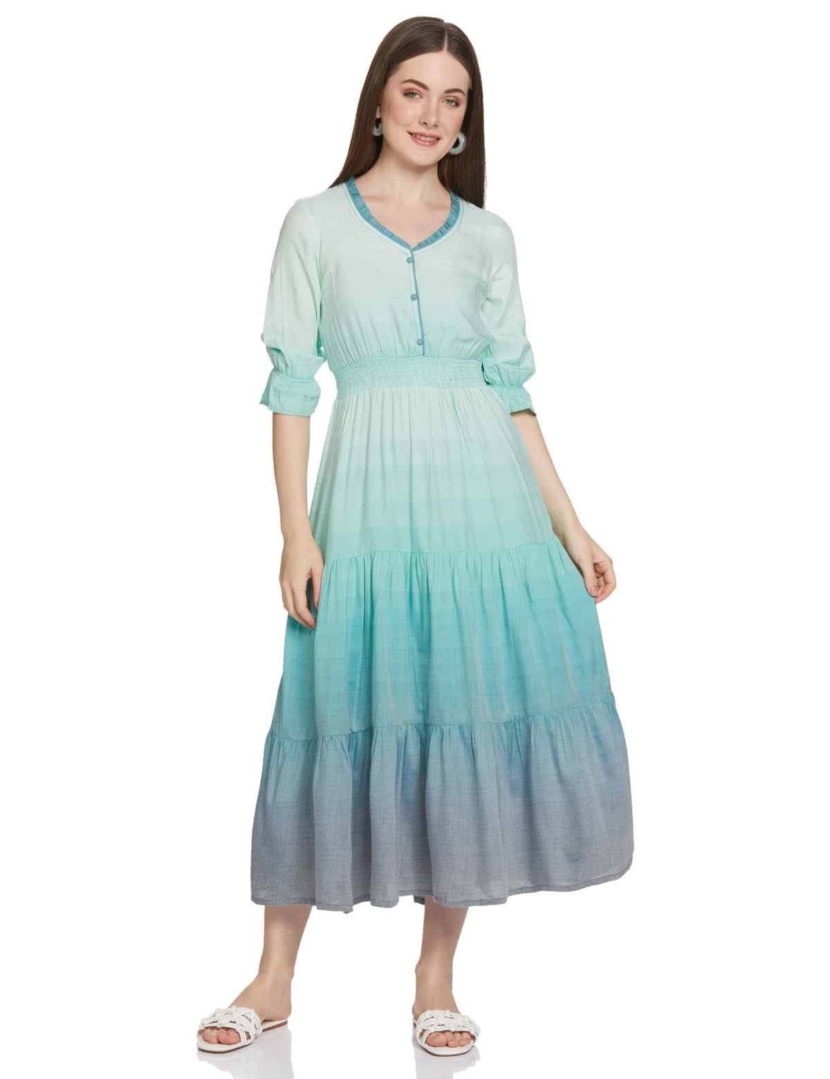 Aurelia Women Midi Lichen Rayon Geometric Yarn Dyed A-Line Dress_22Aua13564-703884_L Blue_L