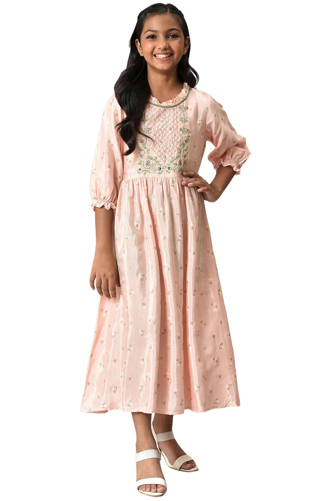 Aurelia Girl's Polyester Fit and Flare Knee-Length Casual Dress (22AUG10205A-503988_Pink