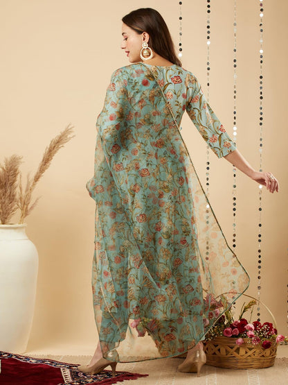Gosriki WomenS Cotton Blend Anarkali Printed Kurta With Pant & Dupatta (Meets-Green-Gs_5Xl_Green_Xxxxx-Large)