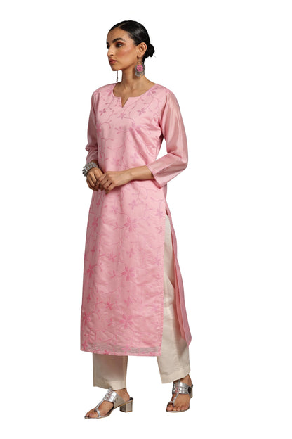 Libas Pink Printed Silk Straight Kurta