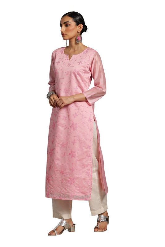 Libas Pink Printed Silk Straight Kurta