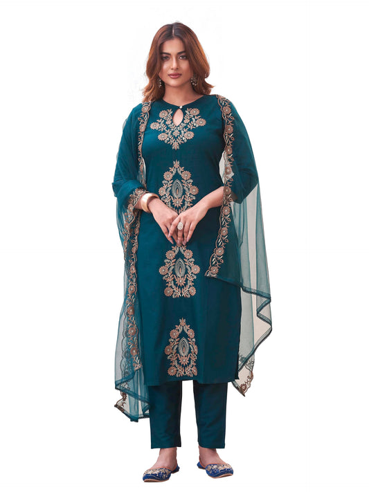 Womanista WomenS Cotton Blend Solid Straight Embroidered Kurta Set (Kurtaset_1397_Teal