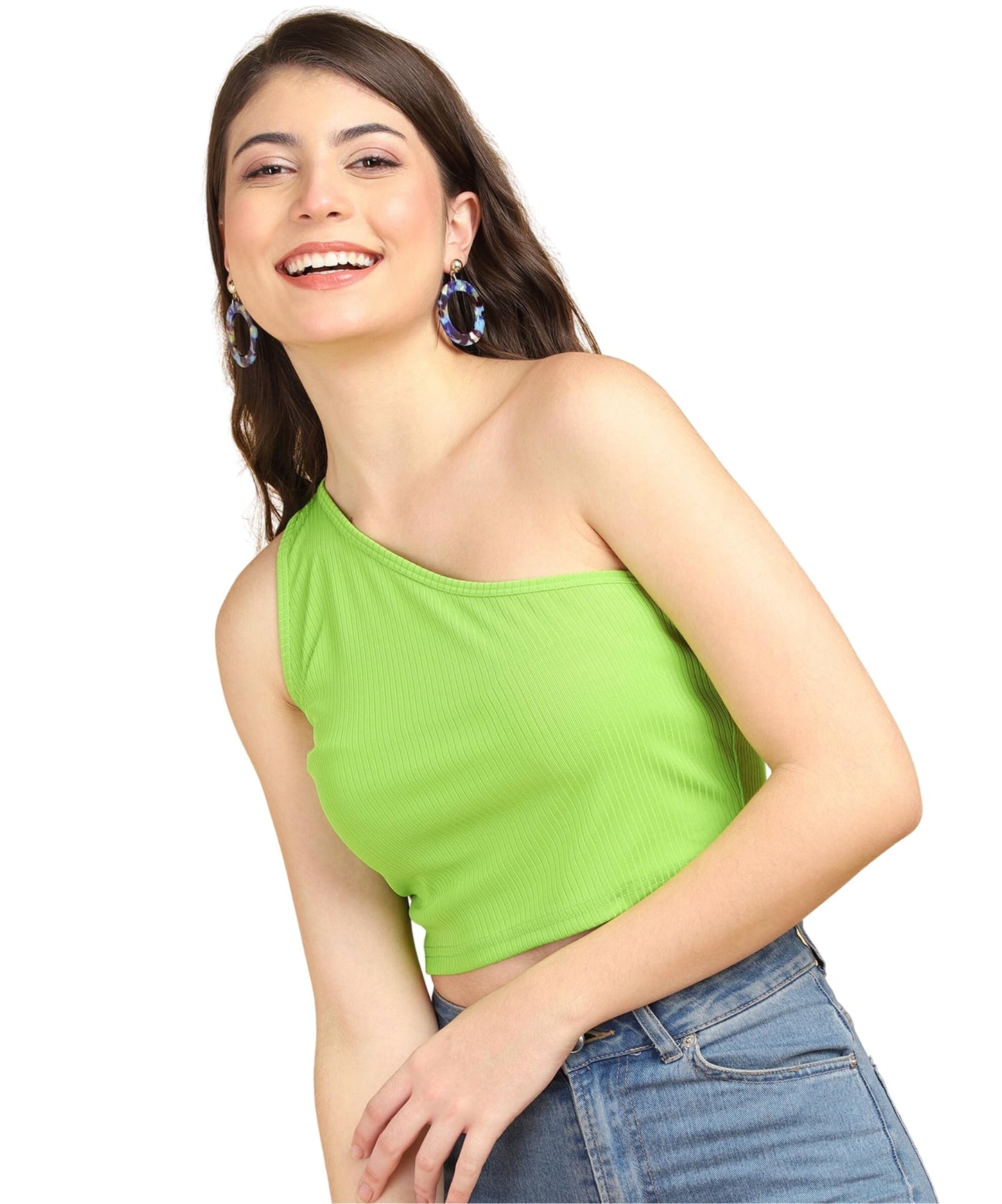 POPWINGS Women Casual Lime Green Self Design Rib One Shoulder Sleeveless Crop Top