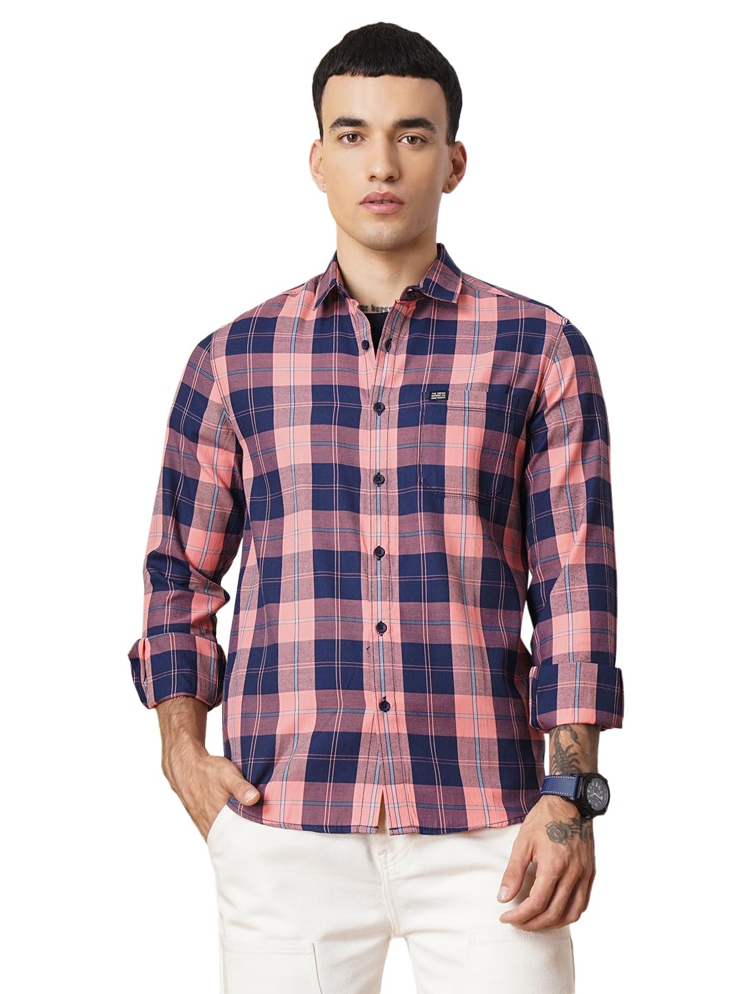 The Indian Garage Co Men Navy Checkered Slim Fit Cotton Casual Shirt