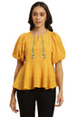 W Yellow Cotton Embroidered Peplum Top for Women