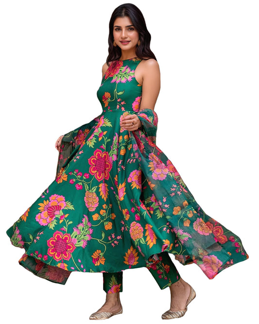 GoSriKi Women's Silk Blend Printed Anarkali Kurta with Pant & Dupatta